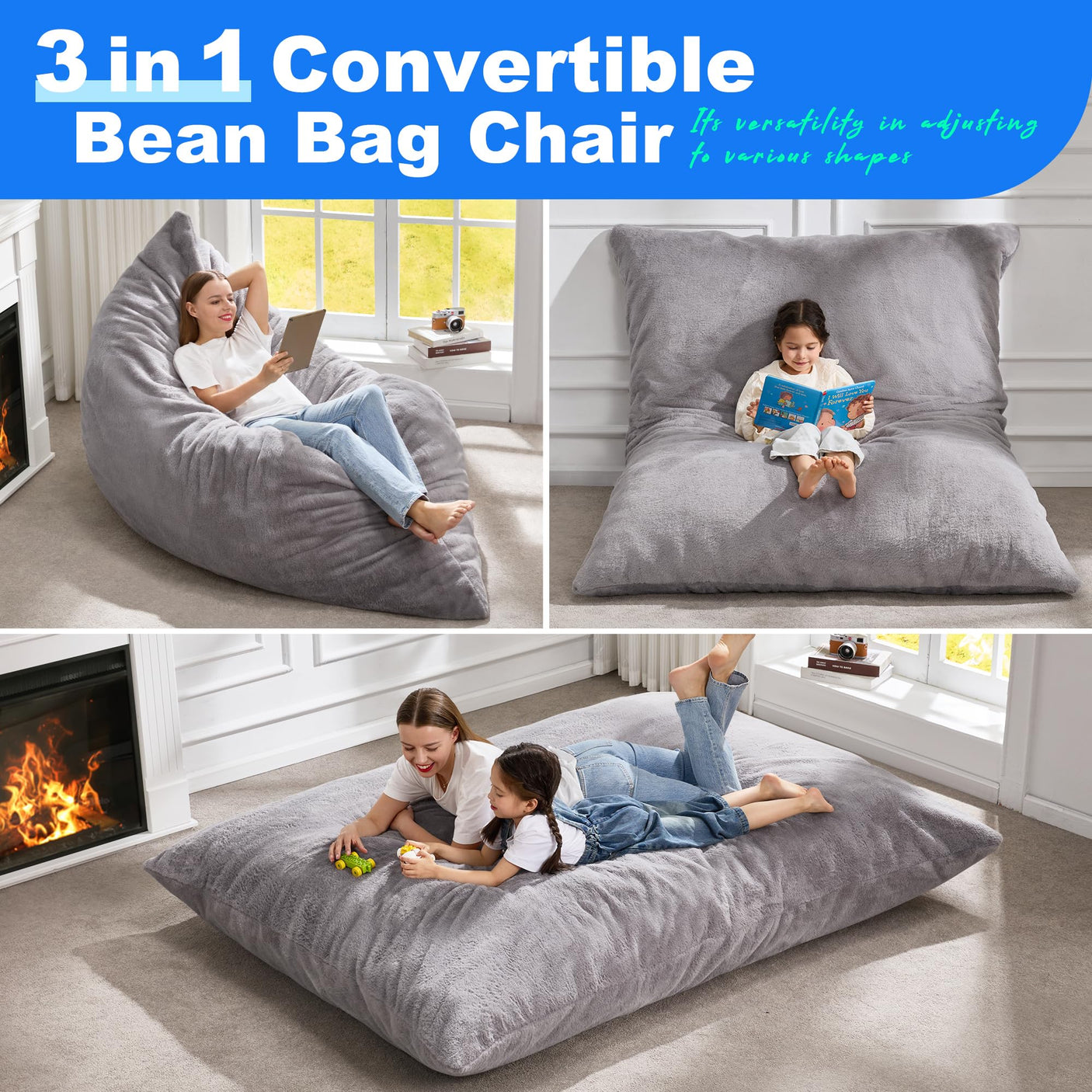 Hobestluk 3 in 1 Bean Bag Chair Giant Bean Bag Chairs Convertible Bean Bag Floor Cushion with Machine Washable Cover, Beanbag Chairs for Adult (Dark Grey)