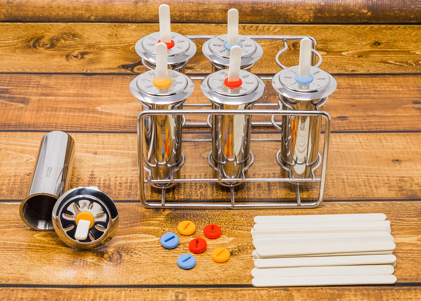 Stainless Steel Popsicle Molds and Rack - 10 Square Ice Pop Makers + 50 Reusable Bamboo Sticks + 20 Silicone Seals + 1 Cleaning Brush + 1 Rack