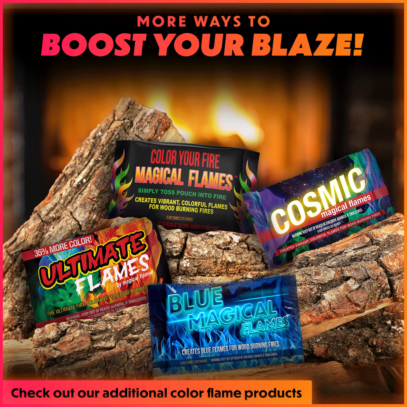 Magical Flames Fire Color Changing Packets for Fire Pit, Indoor/Outdoor Fireplace, Campfires, Bonfires - 25 Pack of Flame Color Changing Packets Camping Accessories