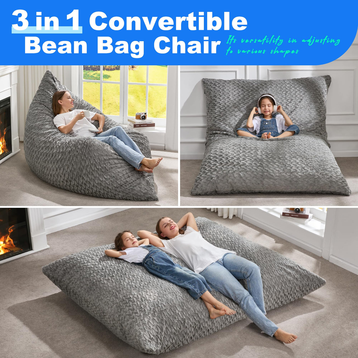 Hobestluk 3 in 1 Bean Bag Chair Giant Bean Bag Chairs Convertible Bean Bag Floor Cushion with Machine Washable Cover, Beanbag Chairs for Adult (Dark Grey)