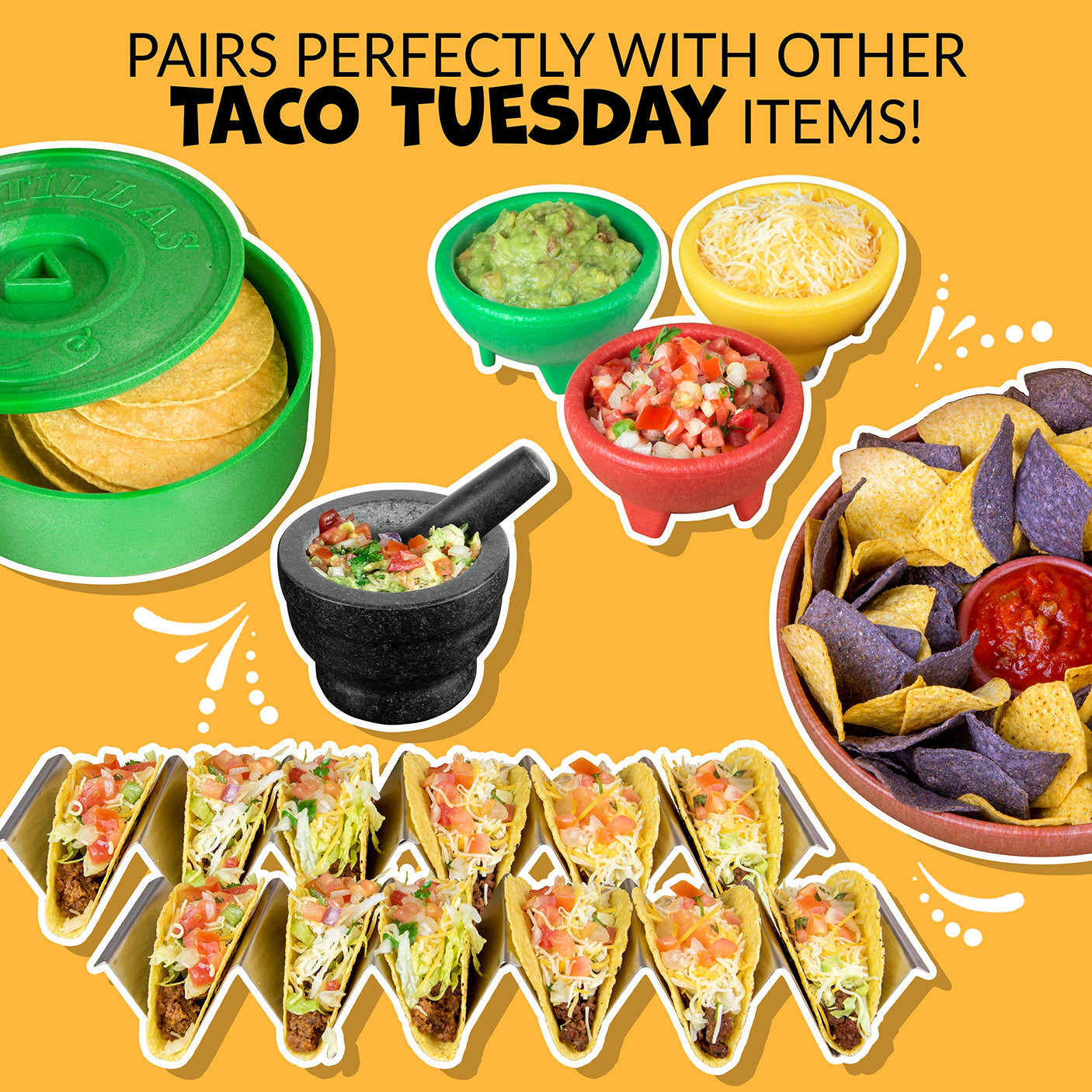 Nostalgia Taco Tuesday Heated Lazy Susan Taco Bar Serving Set for a Party with 4 Tortilla Holders, Fondue Pot for Burritos, Nachos, and Fajitas - 20 Oz. - Red