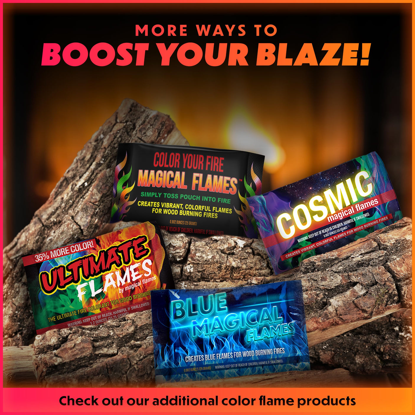 Magical Flames Fire Color Changing Packets for Fire Pit, Indoor/Outdoor Fireplace, Campfires, Bonfires - 25 Pack of Flame Color Changing Packets Camping Accessories
