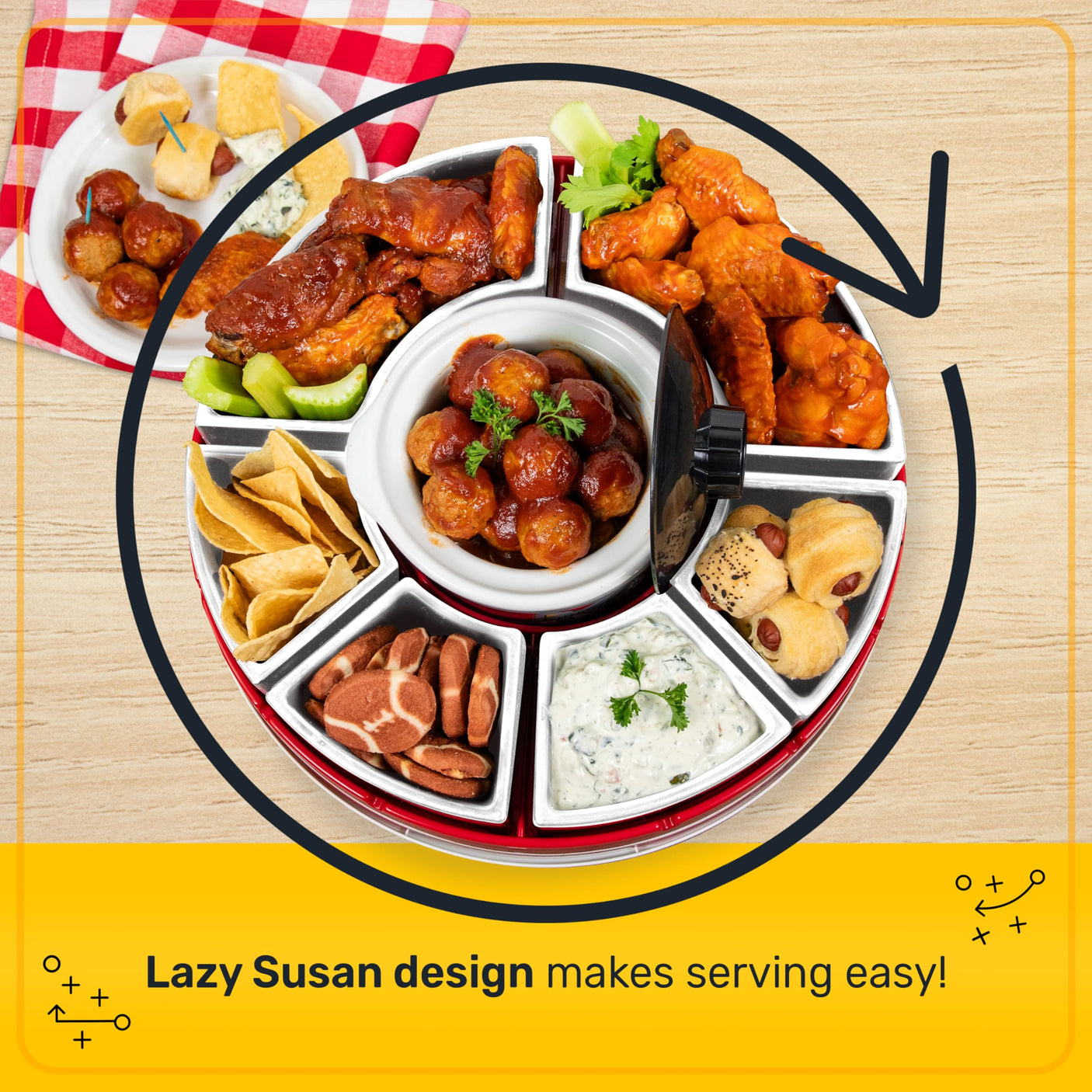 Nostalgia Taco Tuesday Heated Lazy Susan Taco Bar Serving Set for a Party with 4 Tortilla Holders, Fondue Pot for Burritos, Nachos, and Fajitas - 20 Oz. - Red