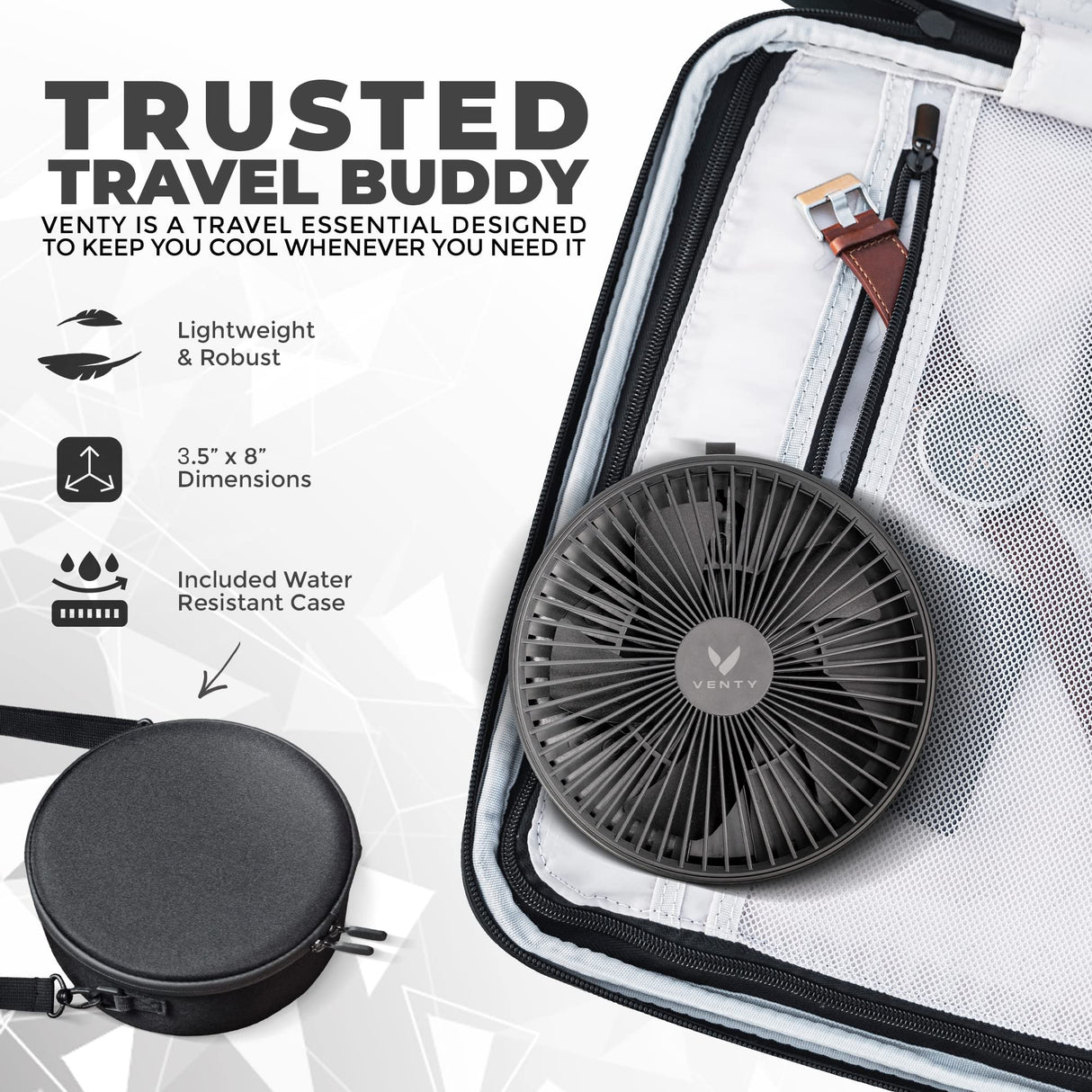 VENTY Original Portable Fan - Wireless Battery Operated Fan With 4 Speeds, LED Lighting, Carry Case & Remote Control - Premium Travel Rechargeable Fan & Power Bank With USB & USB-C Ports (Black)