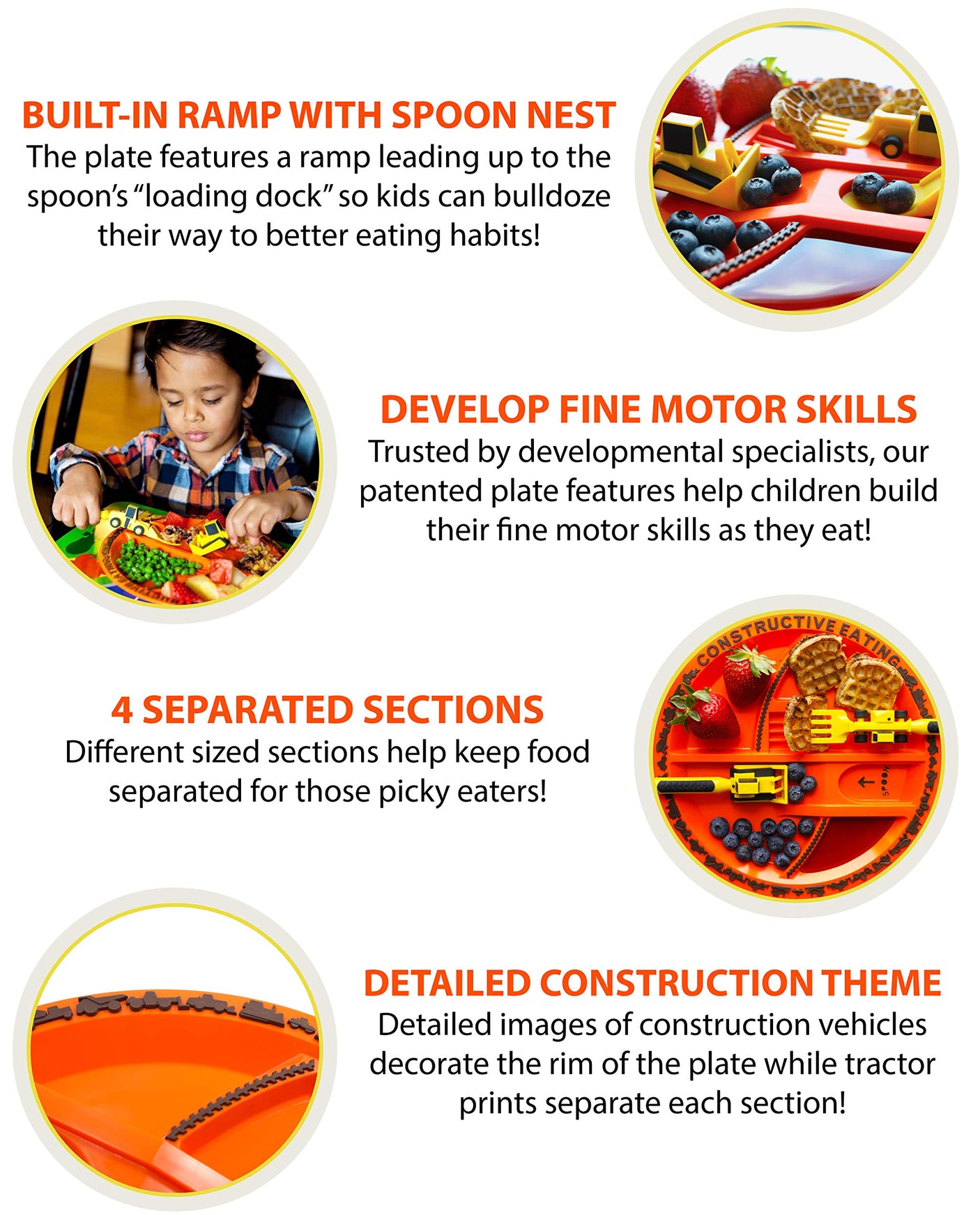 Constructive Eating Plate and Utensils Set - USA-Made Toddler Dinnerware with Divided Plates (Dinosaur)