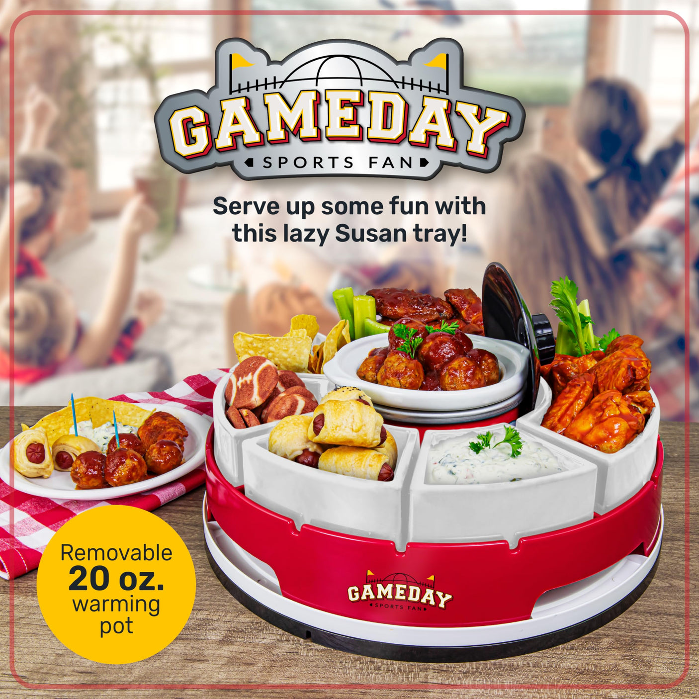 Nostalgia Taco Tuesday Heated Lazy Susan Taco Bar Serving Set for a Party with 4 Tortilla Holders, Fondue Pot for Burritos, Nachos, and Fajitas - 20 Oz. - Red