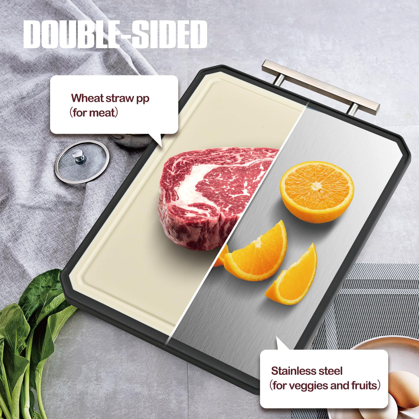 SNOWCLAD Stainless Steel Cutting Board,Double Sided Steel Cutting Boards for kitchen,Stainless Steel/Wheat straw pp Large Board for meat,non toxic Chopping,16 * 11 Inch,Dishwasher Safe