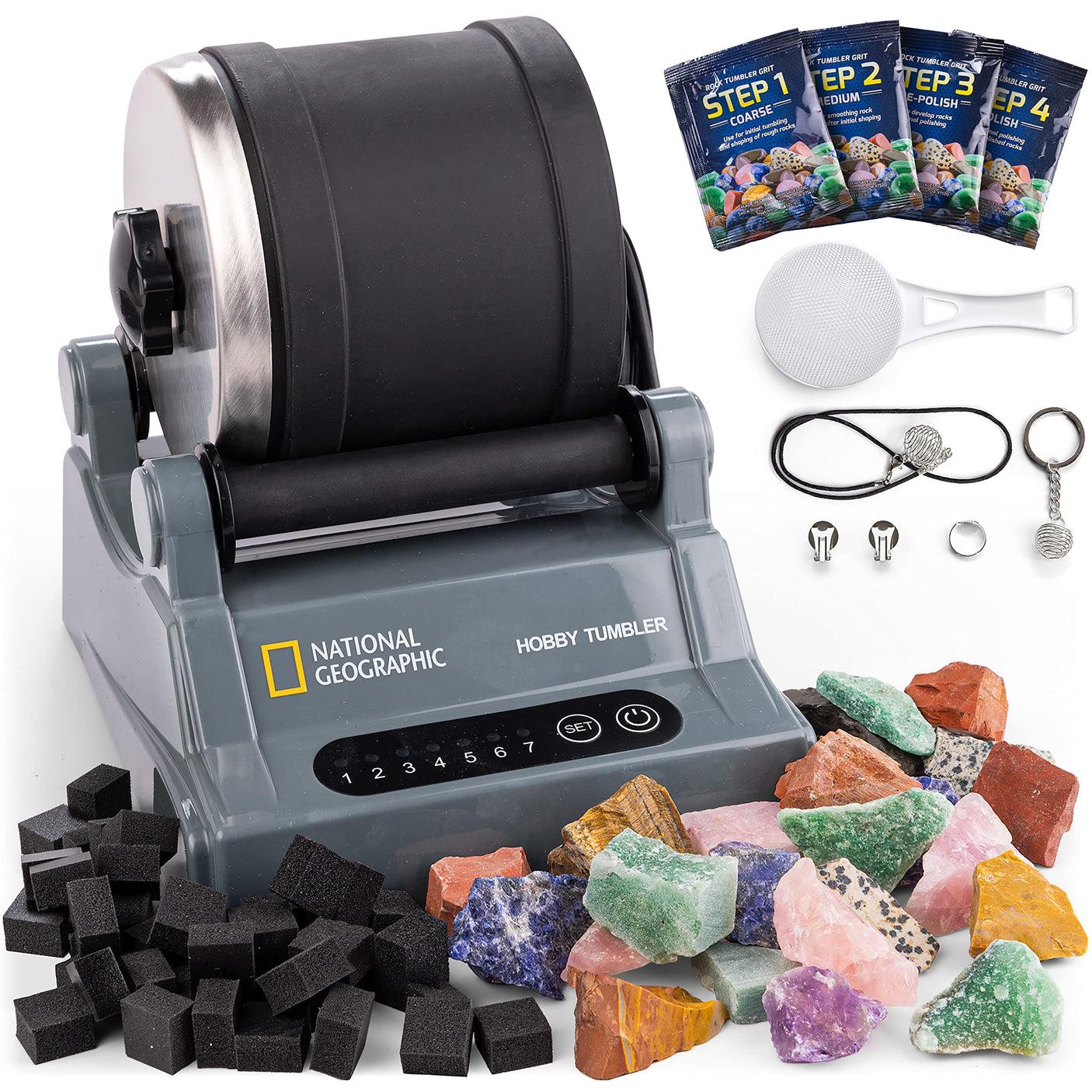 Blue Marble National Geographic Rock Tumbler Kit – Hobby Edition Includes Rough Gemstones, and 4 Polishing Grits, Great STEM Science Kit for Geology Enthusiasts, Rock Polisher for Kids and Adults