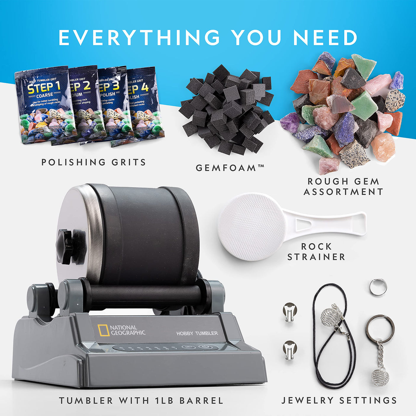 Blue Marble National Geographic Rock Tumbler Kit – Hobby Edition Includes Rough Gemstones, and 4 Polishing Grits, Great STEM Science Kit for Geology Enthusiasts, Rock Polisher for Kids and Adults