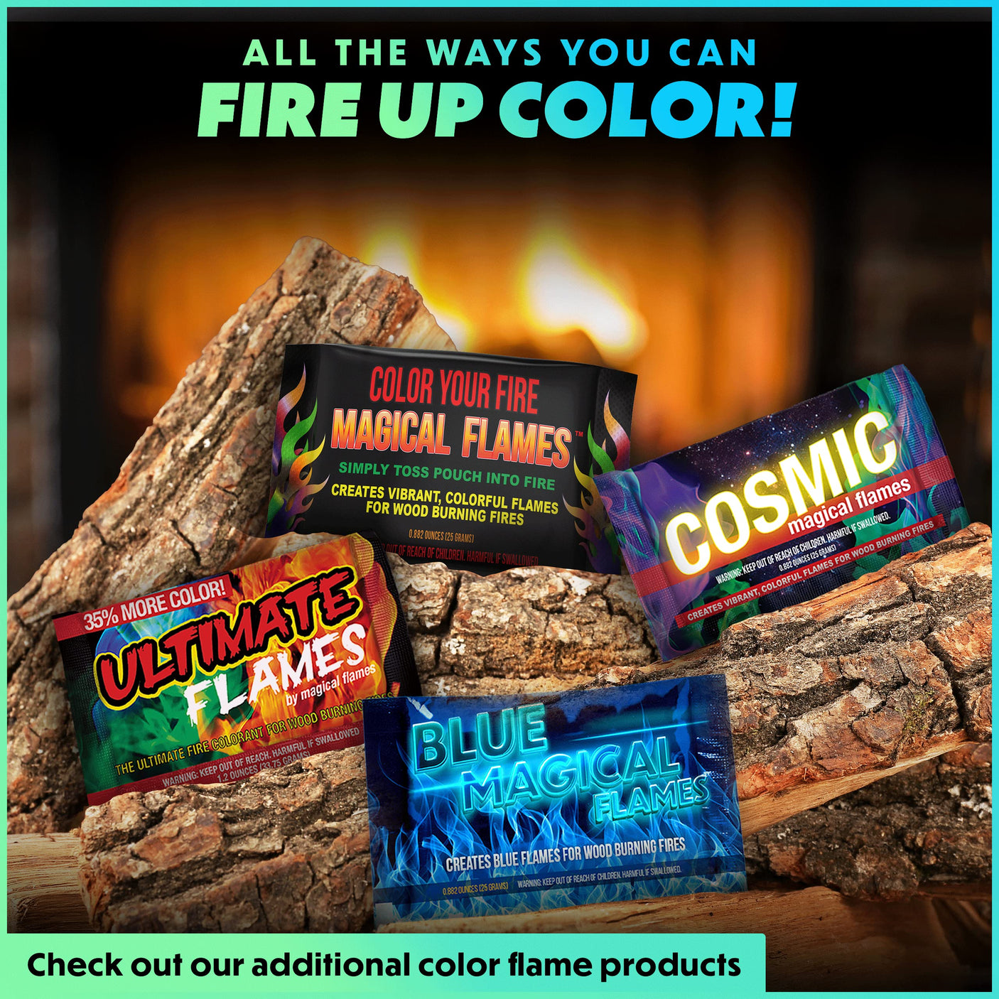 Magical Flames Fire Color Changing Packets for Fire Pit, Indoor/Outdoor Fireplace, Campfires, Bonfires - 25 Pack of Flame Color Changing Packets Camping Accessories