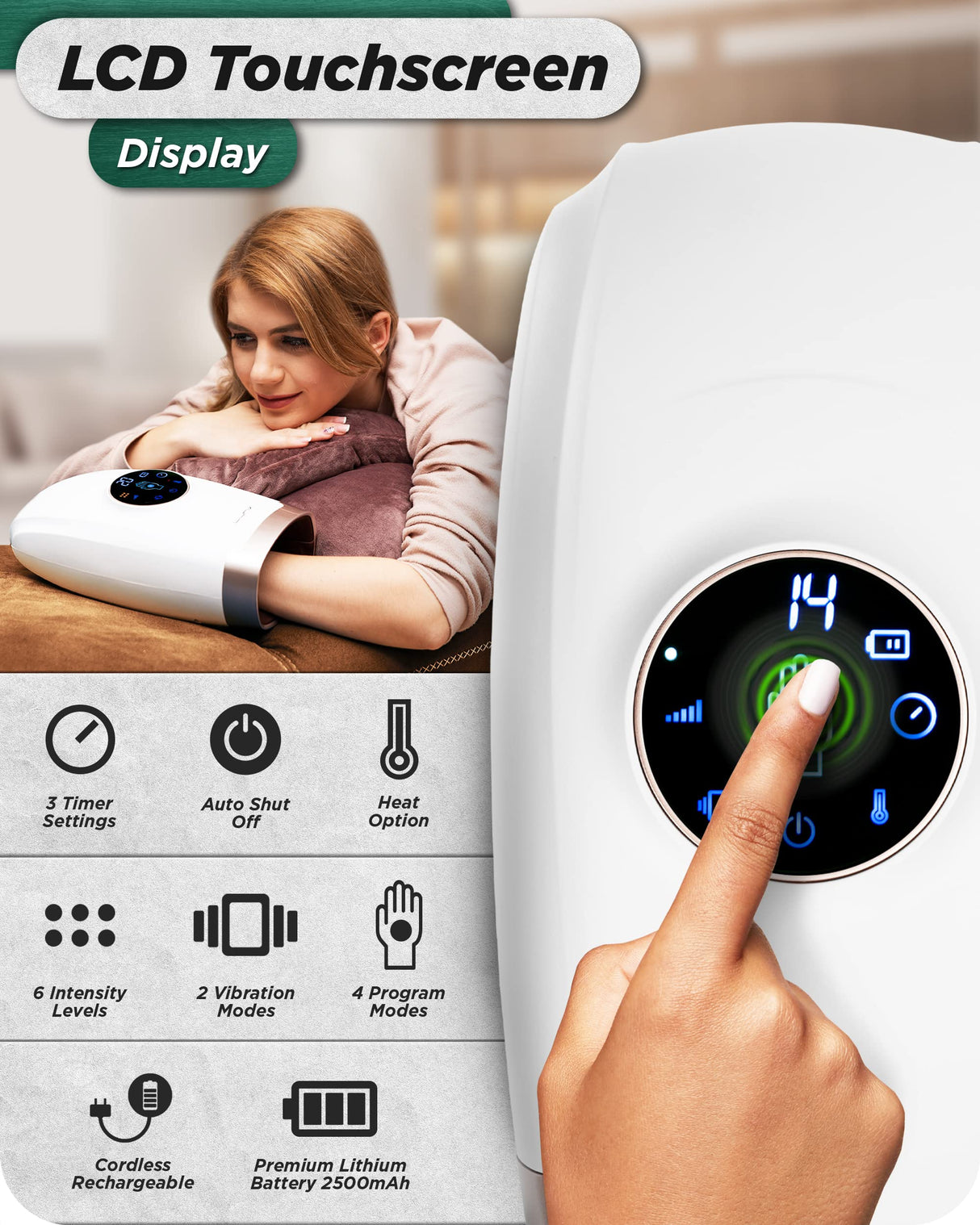 Lunix LX3 Cordless Electric Hand Massager with Compression, 6 Levels Pressure Point Therapy Massager for Arthritis, Pain Relief, Carpal Tunnel and Finger Numbness, Shiatsu Massage Machine with Heat