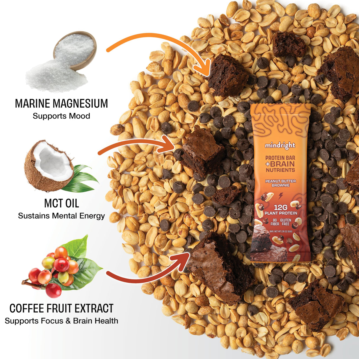 Mindright Superfood Vegan Protein Bar | Gluten Free, Non-Gmo, Low Sugar | Brain Food Snack to Enhance Mood, Energy, and Focus | Pack of 12 (Peanut Butter Cup)