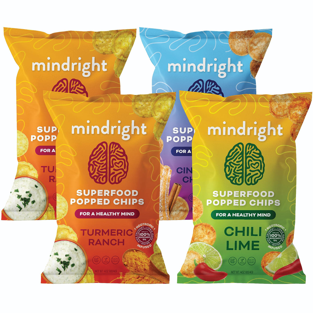 MINDRIGHT Superfood Vegan Nootropic Snack Popped Veggie Chips Variety Pack - Gluten Free Non-Gmo Grain Free - Brain Food Healthy Chips To Help Enhance Mood, Energy & Focus (4oz, 4 Pack)