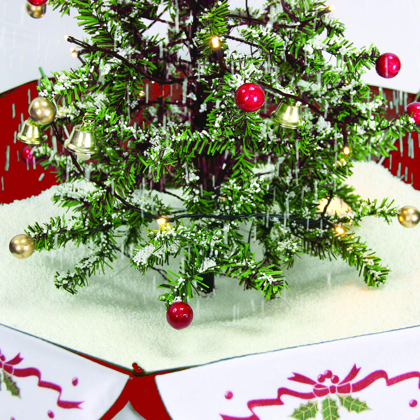 Fraser Hill Farm 29-in. Snowing Musical Christmas Tree with Warm White LED Lights, 25 Christmas Carols, Decorations, Star Topper, and Red Umbrella Base, Festive Xmas Decor for Foyer and Family Room