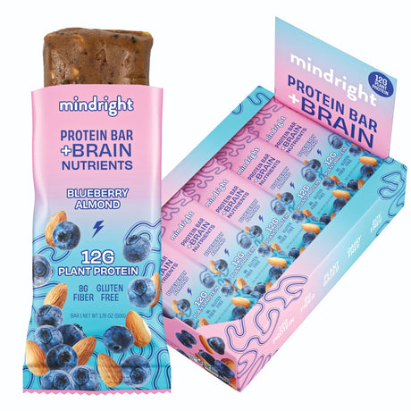 Mindright Superfood Vegan Protein Bar | Gluten Free, Non-Gmo, Low Sugar | Brain Food Snack to Enhance Mood, Energy, and Focus | Pack of 12 (Peanut Butter Cup)