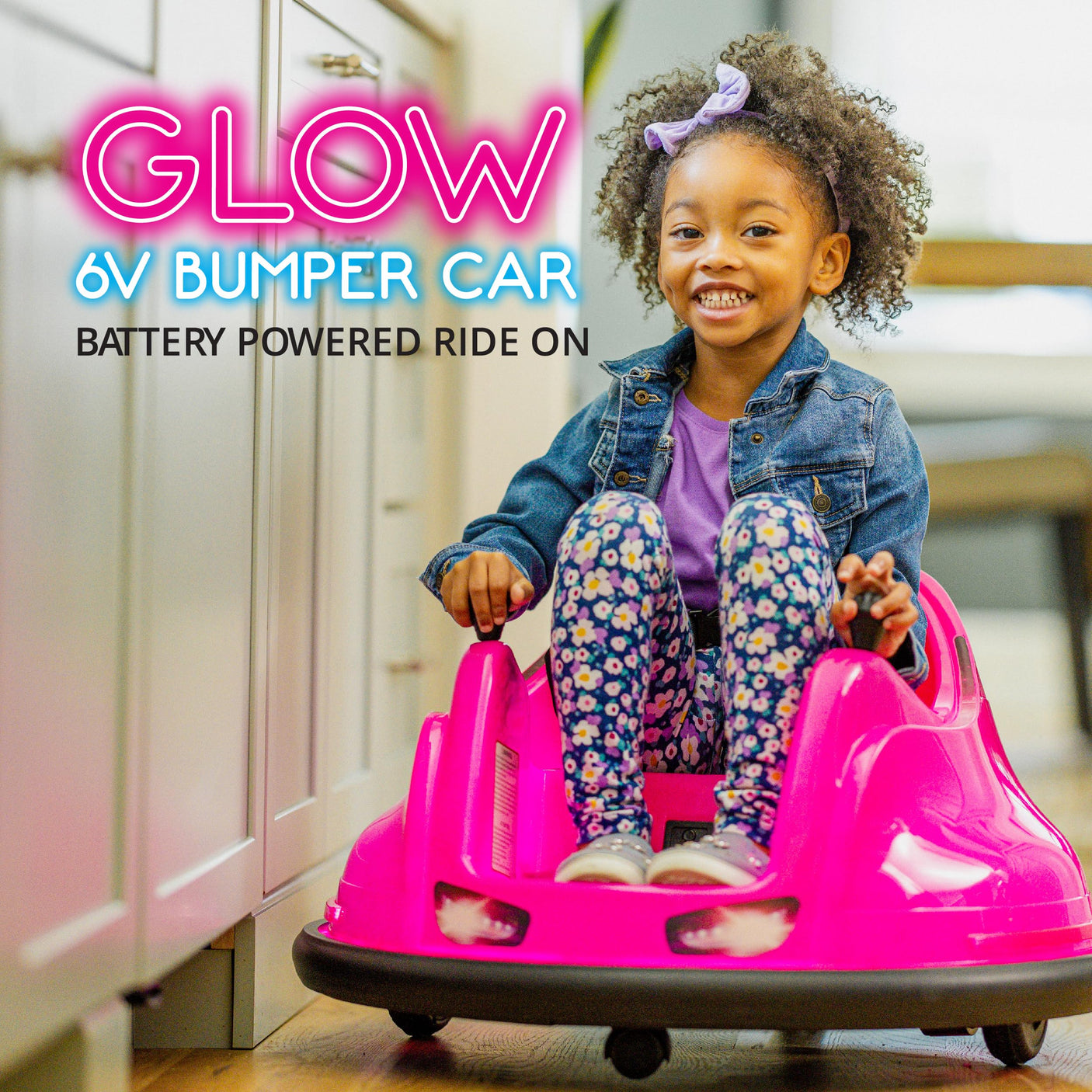 Flybar 6V Blue Glow Bumper Car for Kids – LED Ride-On Toy with 360° Spin, Rechargeable Battery, and Soft Rubber Bumpers – Safe Indoor Fun for Toddlers Ages 1.5+, Up to 66 lbs