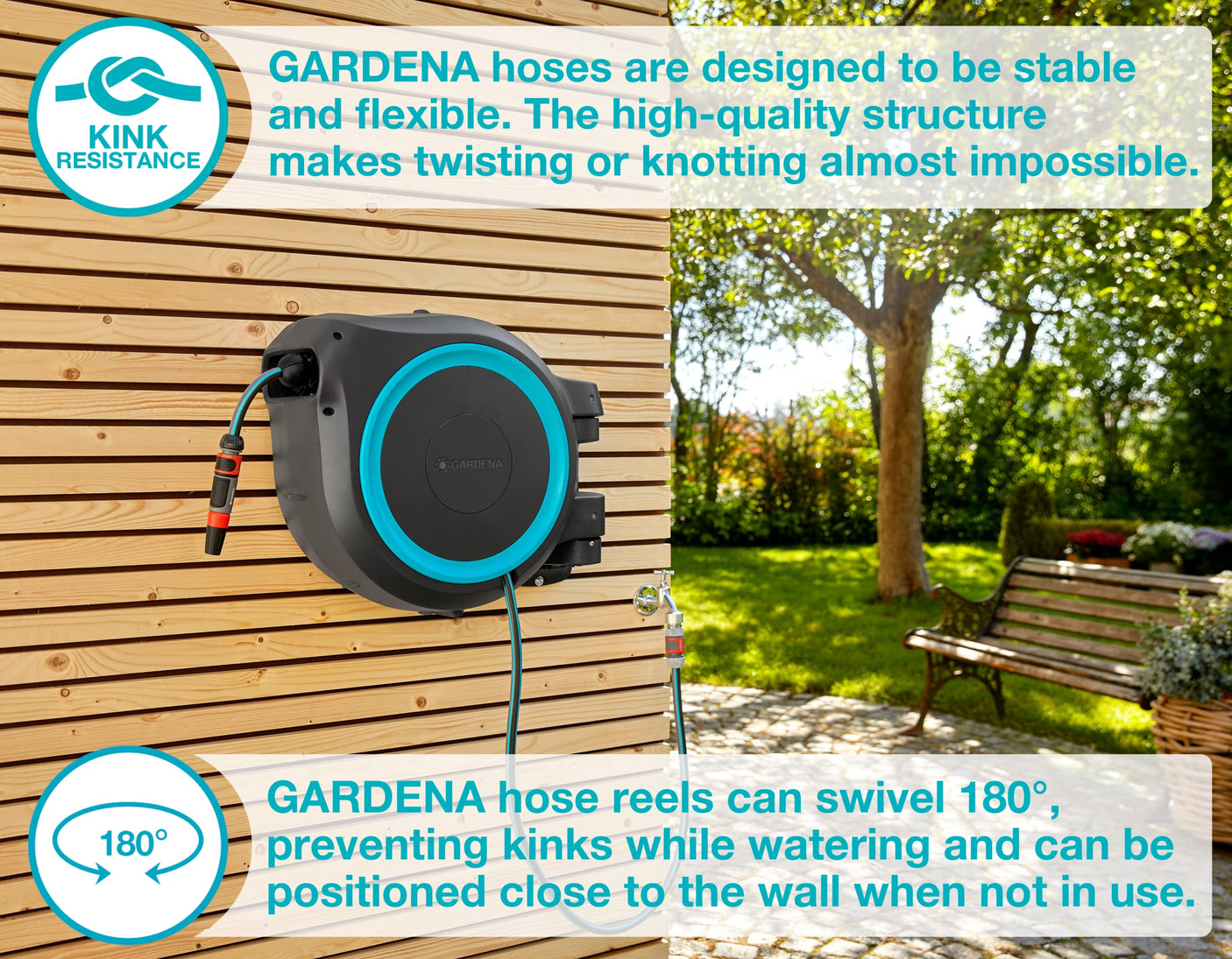 GARDENA 20505, 100' Retractable Garden Hose Reel with US Hose Threads - 100' x 1/2" hose, Automatic Retraction & Length Lock for Easy Watering. Heavy Duty Swivel Bracket 180°, Includes Nozzle.