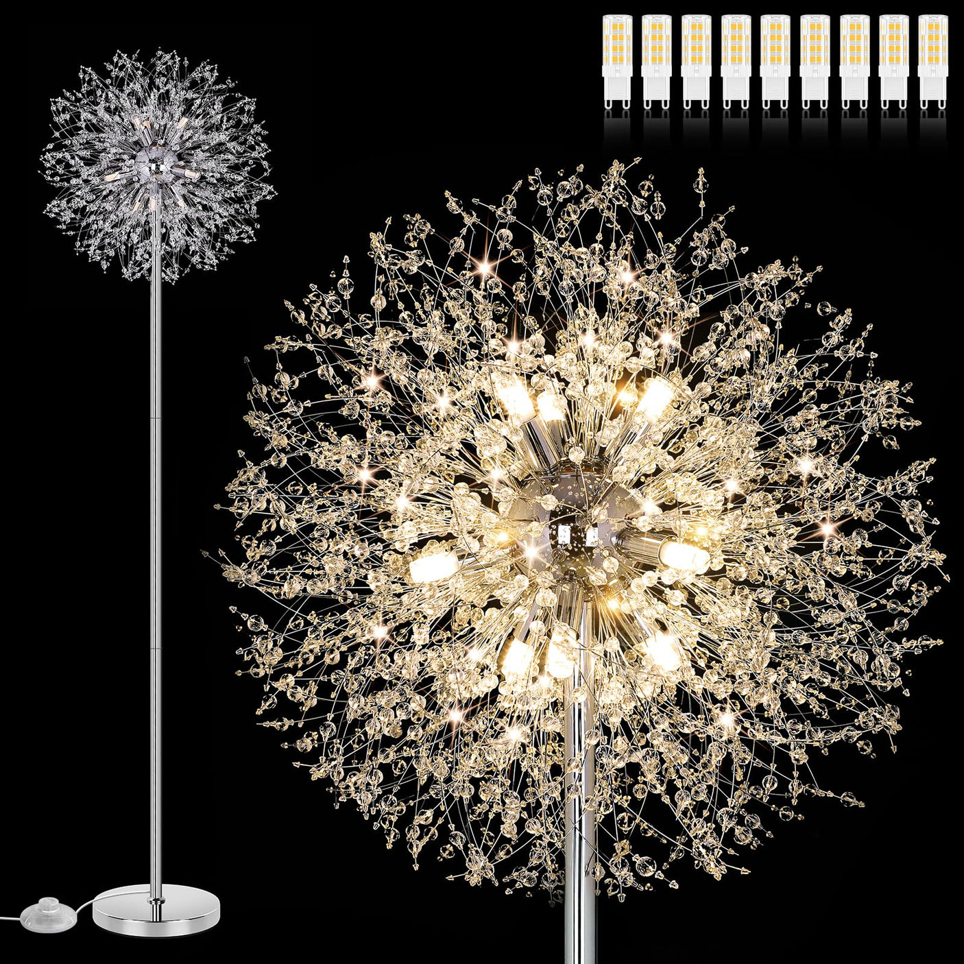 BesLowe 69'' Crystal Floor Lamp for Living Room, Modern Standing Lamp with 738PCS K9 Crystals, Tall Lamp Pole Light for Bedroom Office, Mid Century Gold Floor Lighting with 9 LED Bulbs, Antique Brass