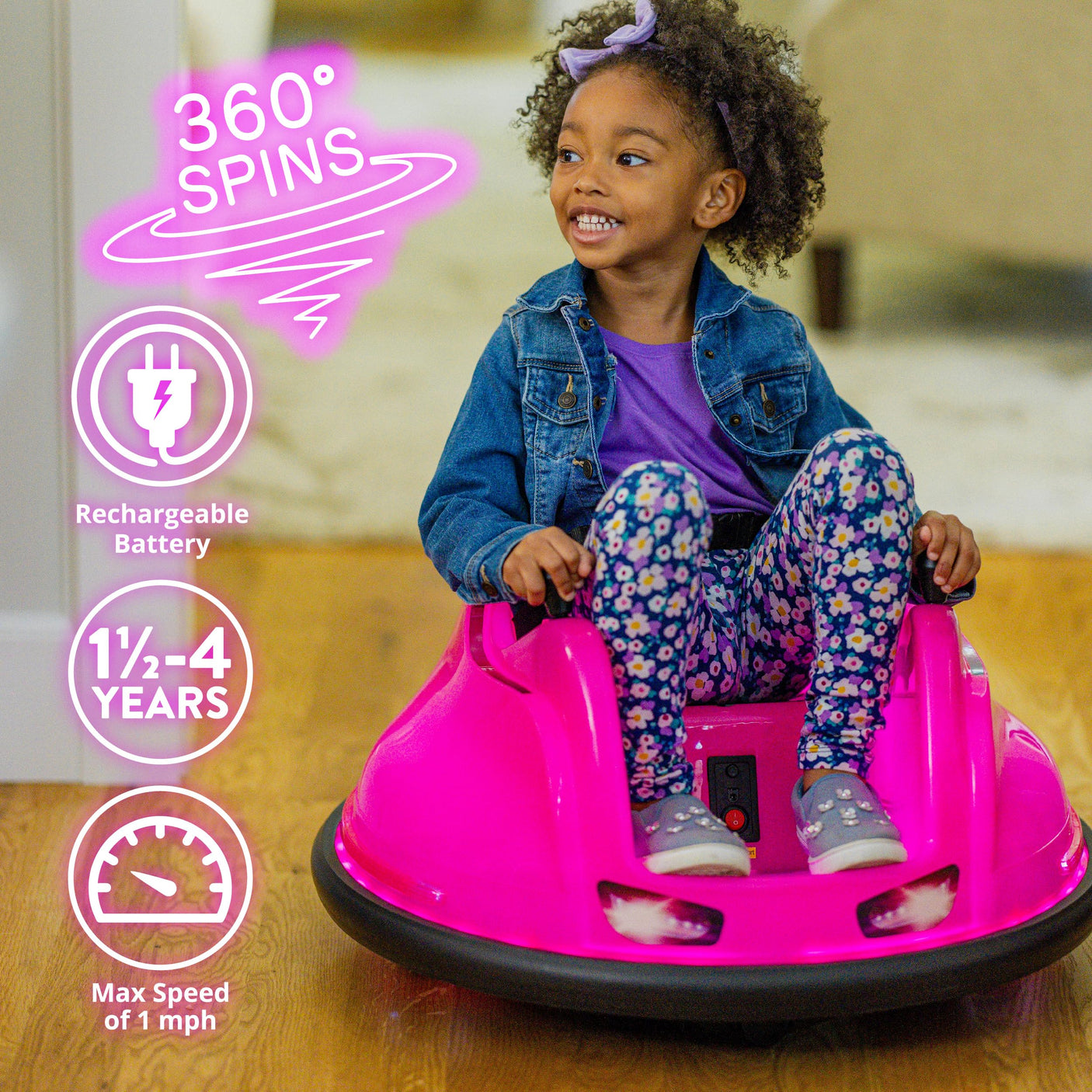 Flybar 6V Blue Glow Bumper Car for Kids – LED Ride-On Toy with 360° Spin, Rechargeable Battery, and Soft Rubber Bumpers – Safe Indoor Fun for Toddlers Ages 1.5+, Up to 66 lbs