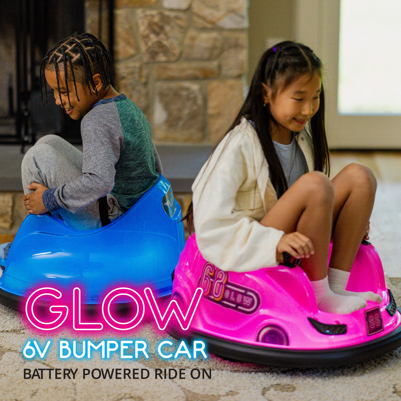 Flybar 6V Blue Glow Bumper Car for Kids – LED Ride-On Toy with 360° Spin, Rechargeable Battery, and Soft Rubber Bumpers – Safe Indoor Fun for Toddlers Ages 1.5+, Up to 66 lbs