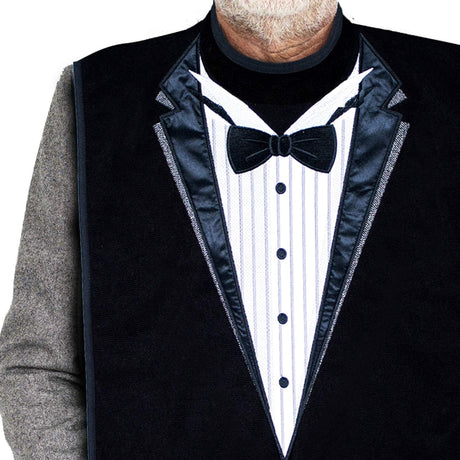 Adult Bibs for Men, Dress ‘n Dine™ Clothing Protectors for Eating, Senior Adult Bib Terry Cloth Crumb Catcher, Embroidered Design, Waterproof, Reusable, Washable (Blue Tie + Tuxedo) - Build Your Ideas