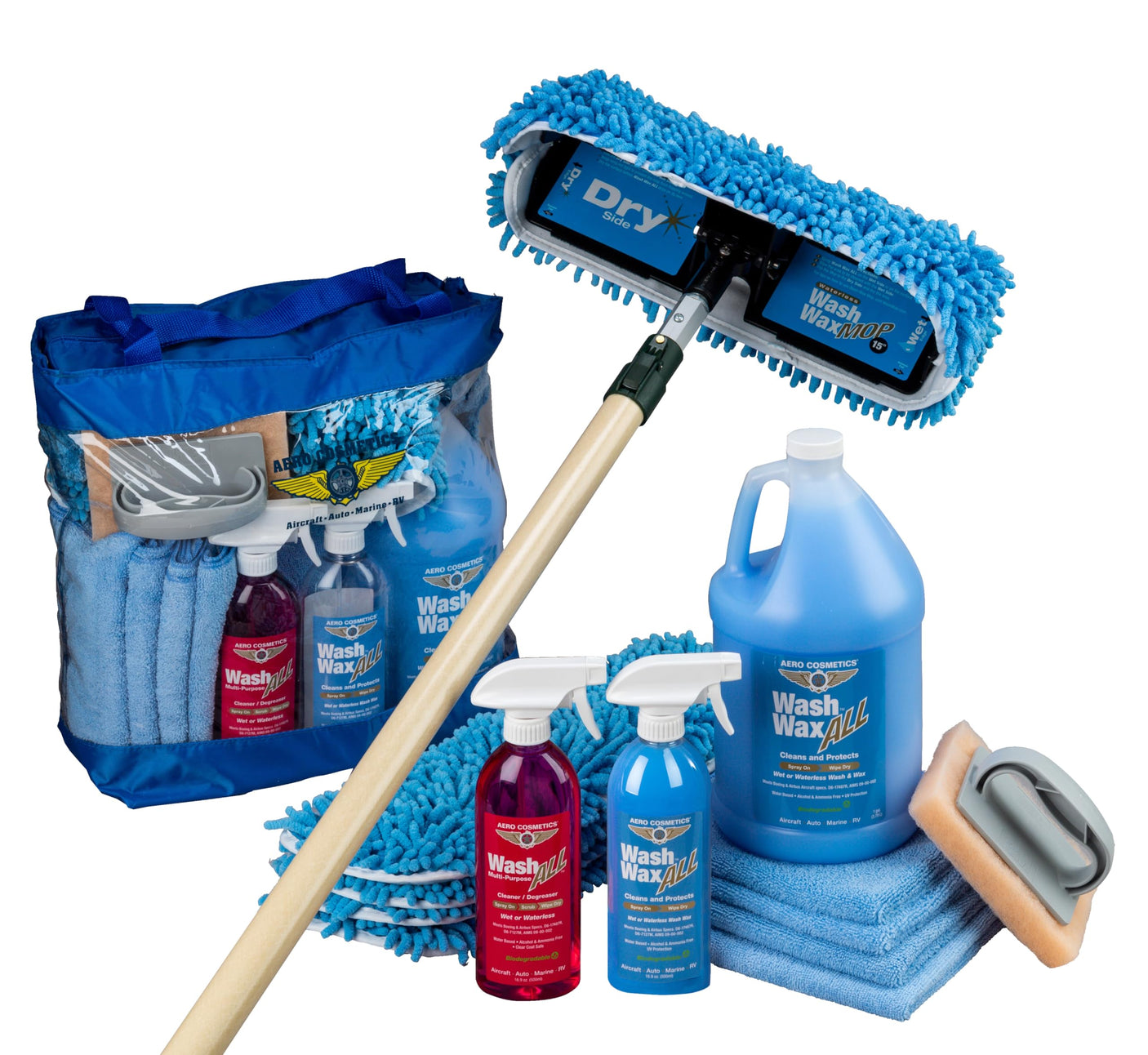 Aero Cosmetics Waterless RV Aircraft Boat Wash Wax Mop Kit with Deluxe Pole 3' 9" to 9' No Ladder Needed, Wash, Wax, Dry, Anywhere, Anytime, No Restrictions - Build Your Ideas