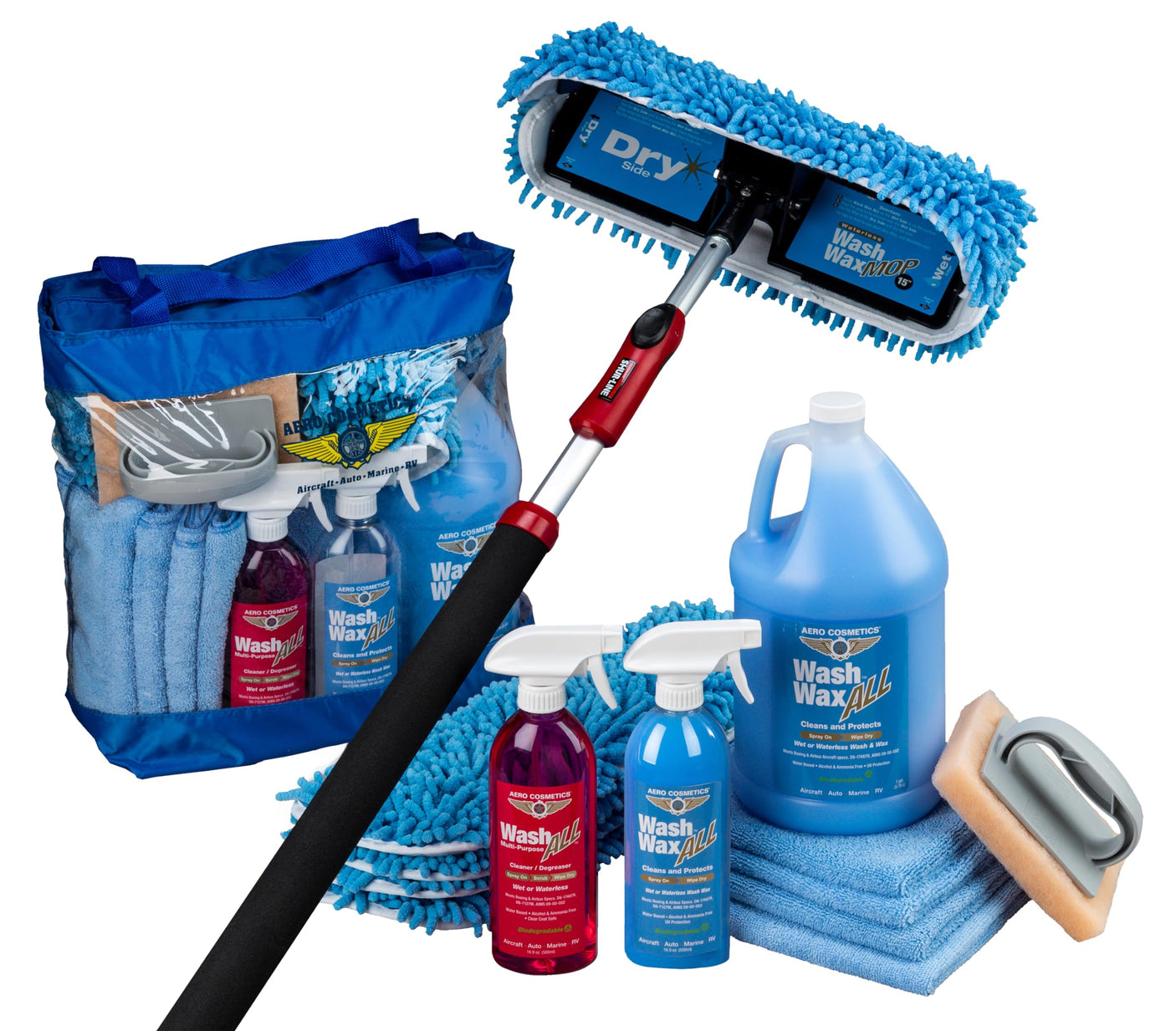 Aero Cosmetics Waterless RV Aircraft Boat Wash Wax Mop Kit with Deluxe Pole 3' 9" to 9' No Ladder Needed, Wash, Wax, Dry, Anywhere, Anytime, No Restrictions - Build Your Ideas