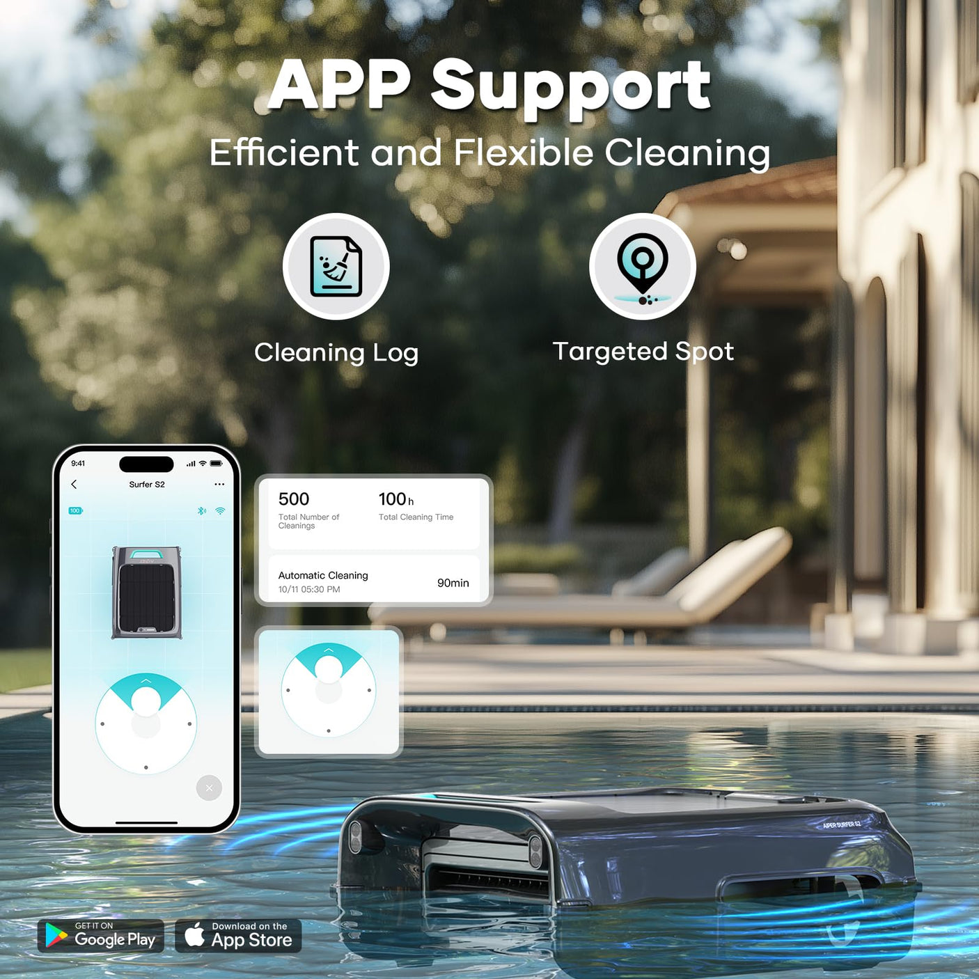 AIPER Surfer S2 Robotic Solar Pool Skimmer with APP Support, 24/7 Cleaning, Dual Charging Modes, Smart Obstacle Avoidance, Ideal for Most Swimming Pool Types - Build Your Ideas