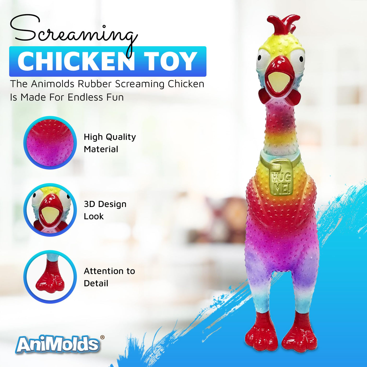 Animolds Hug Me Giant Rubber Chicken - Huge Stress Relief Screaming Chicken Toy | Screams Up to 45 Seconds - Novelty Gag and Prank Toys | Funny Toys Gifts for Christmas Stocking Stuffers for Kids Adult - Build Your Ideas