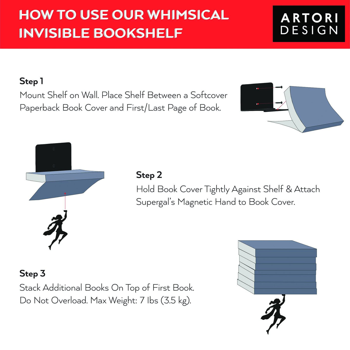 Artori Design Floating Bookshelf for Kids, Invisible Metal Book Shelf, Wall Decore Bookshelf for Book Lovers (Superhero) - Build Your Ideas