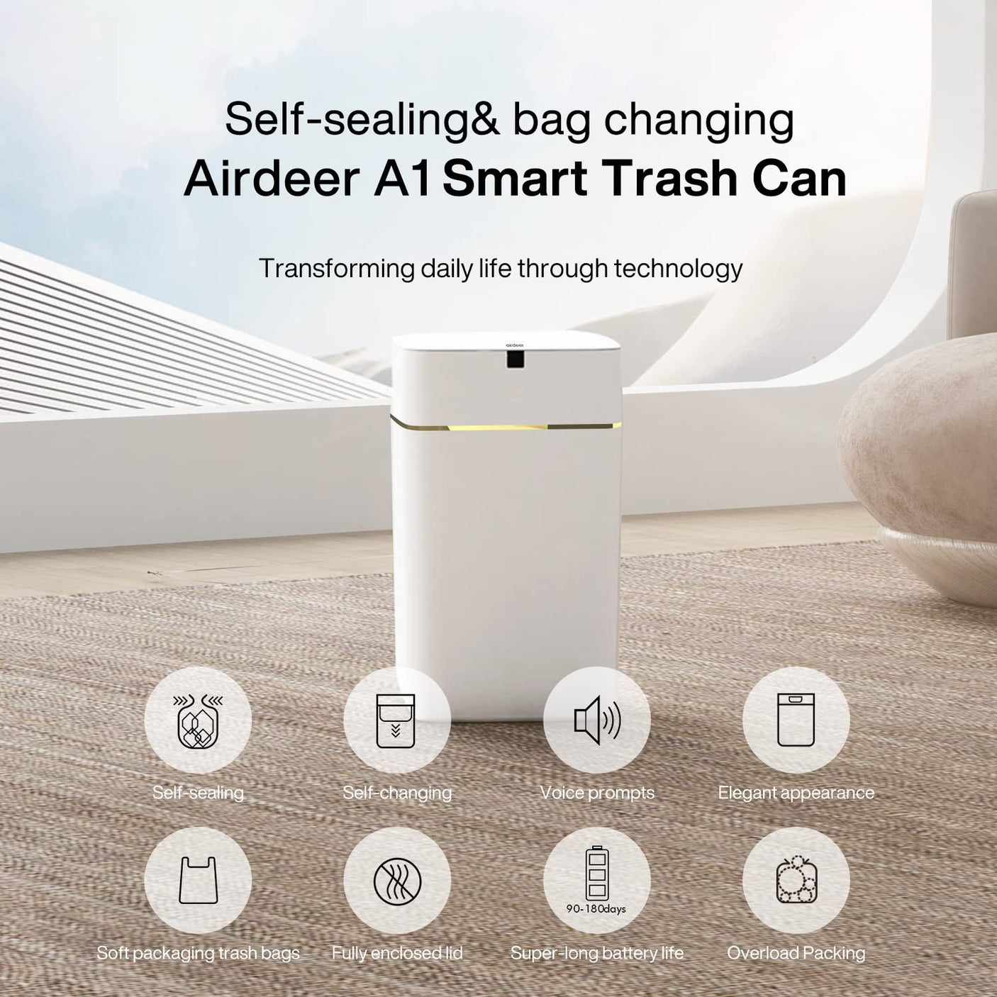 Automatic Trash Can, 4 Gallon Self Sealing and Self - Changing Smart Trash Can, Motion Sensor, Touchless Garbage can with lid for Kitchen Bathroom Bedroom Office, 6 Refill Rings(A1, White) - Build Your Ideas
