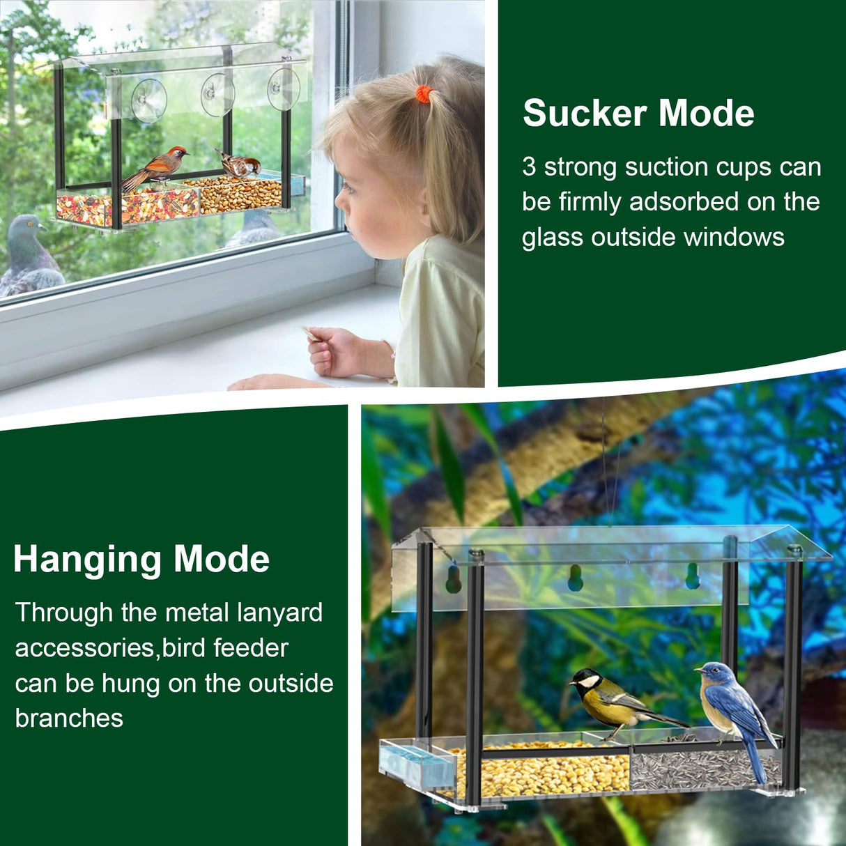 Bird Feeder, Window Bird Feeder for Ourside Viewing with Strong Suction Cups, Detachable Seed Tray, Clear Acrylic Birdfeeder with Drinking - Water Sink, Waterproof roof, Drain Hole, Outdoor Hanging Kits - Build Your Ideas