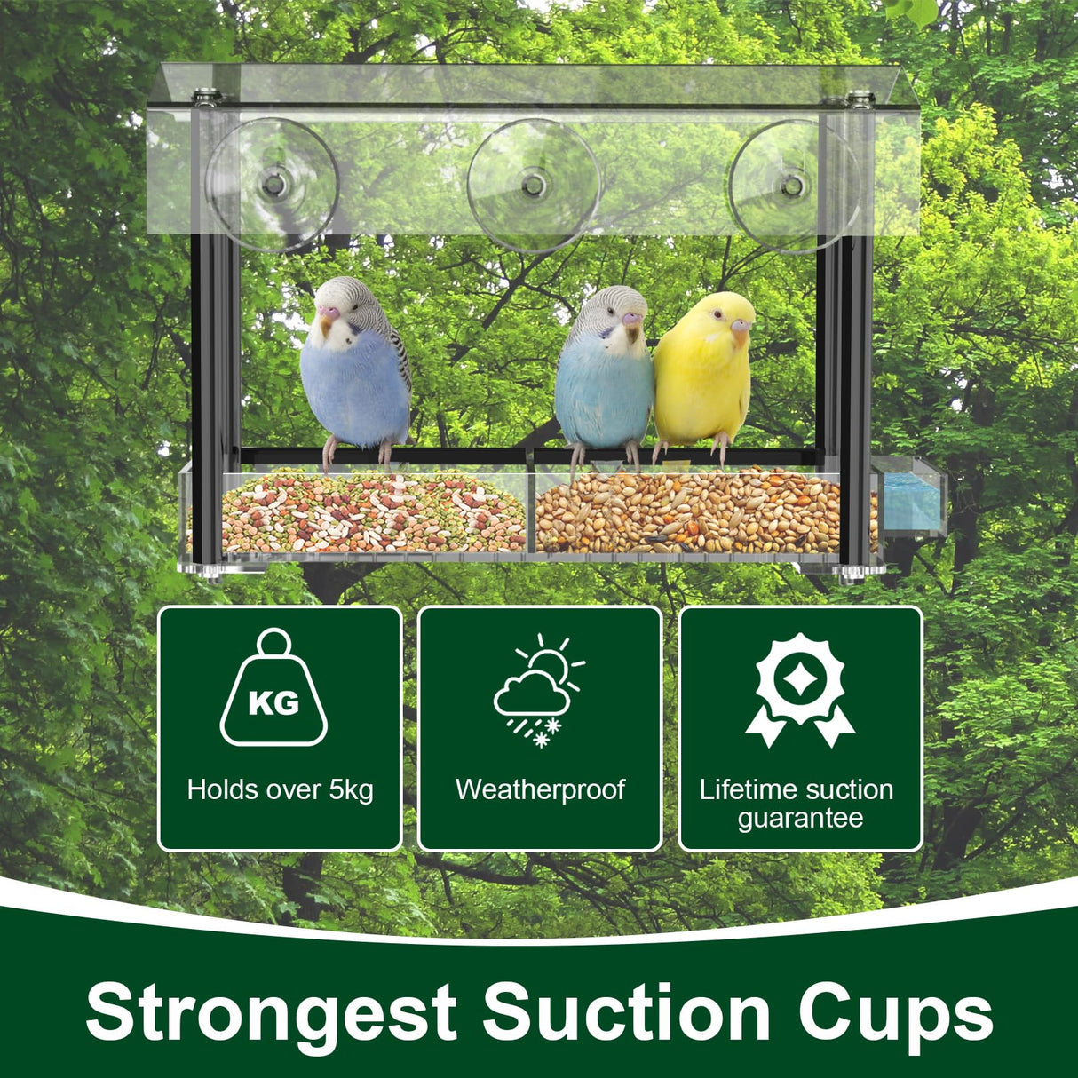 Bird Feeder, Window Bird Feeder for Ourside Viewing with Strong Suction Cups, Detachable Seed Tray, Clear Acrylic Birdfeeder with Drinking - Water Sink, Waterproof roof, Drain Hole, Outdoor Hanging Kits - Build Your Ideas