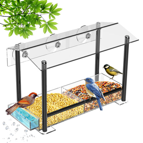 Bird Feeder, Window Bird Feeder for Ourside Viewing with Strong Suction Cups, Detachable Seed Tray, Clear Acrylic Birdfeeder with Drinking - Water Sink, Waterproof roof, Drain Hole, Outdoor Hanging Kits - Build Your Ideas