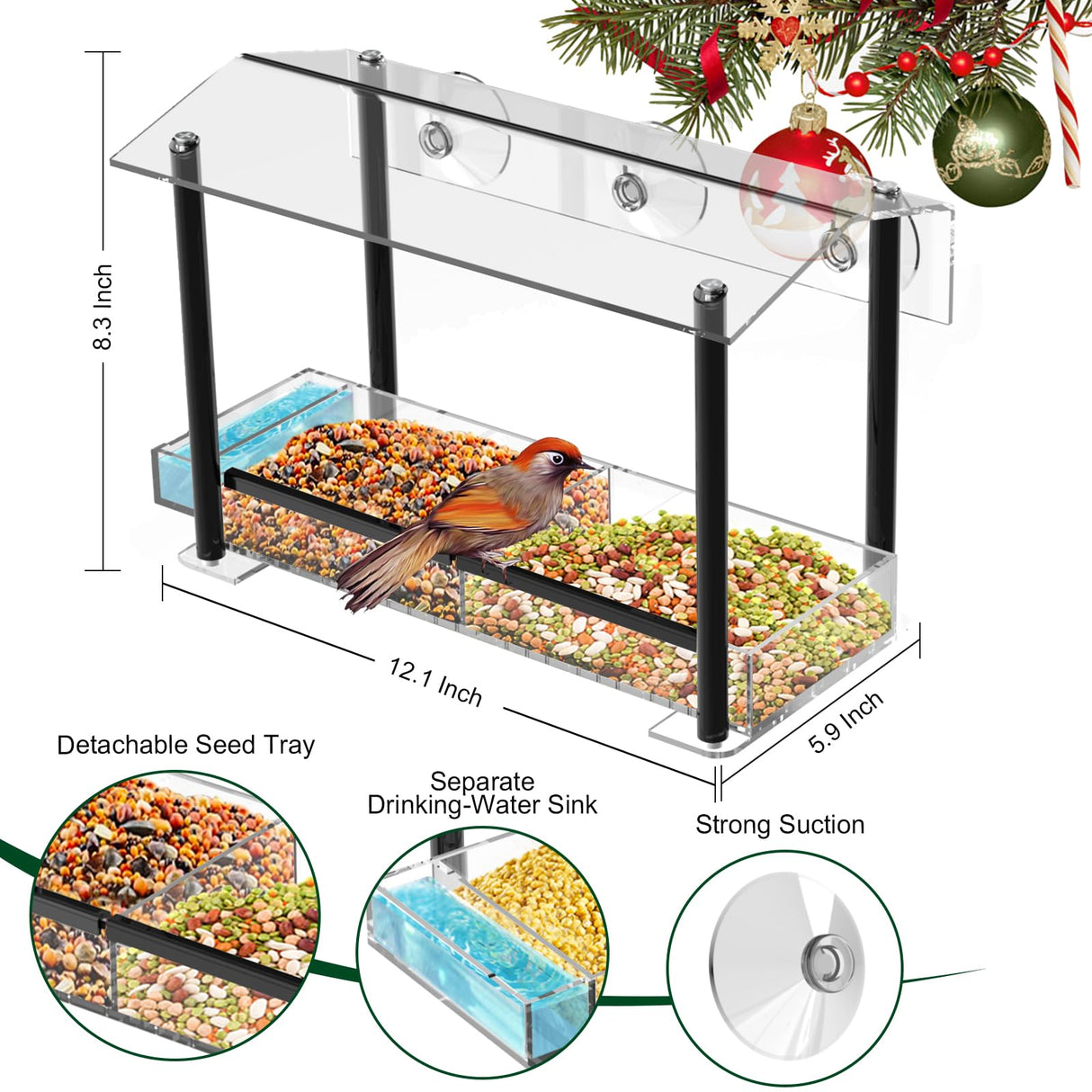 Bird Feeder, Window Bird Feeder for Ourside Viewing with Strong Suction Cups, Detachable Seed Tray, Clear Acrylic Birdfeeder with Drinking - Water Sink, Waterproof roof, Drain Hole, Outdoor Hanging Kits - Build Your Ideas