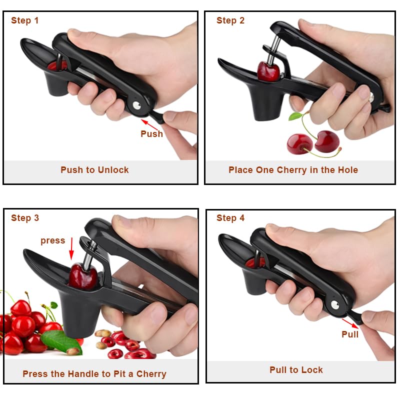 Cherry Pitter, Stainless Steel Olive and Cherries Pitters Corer Tool with Space - Saving Lock Design, Multi - Function Fruit Pit Remover for Cherry Jam (Black) - Build Your Ideas