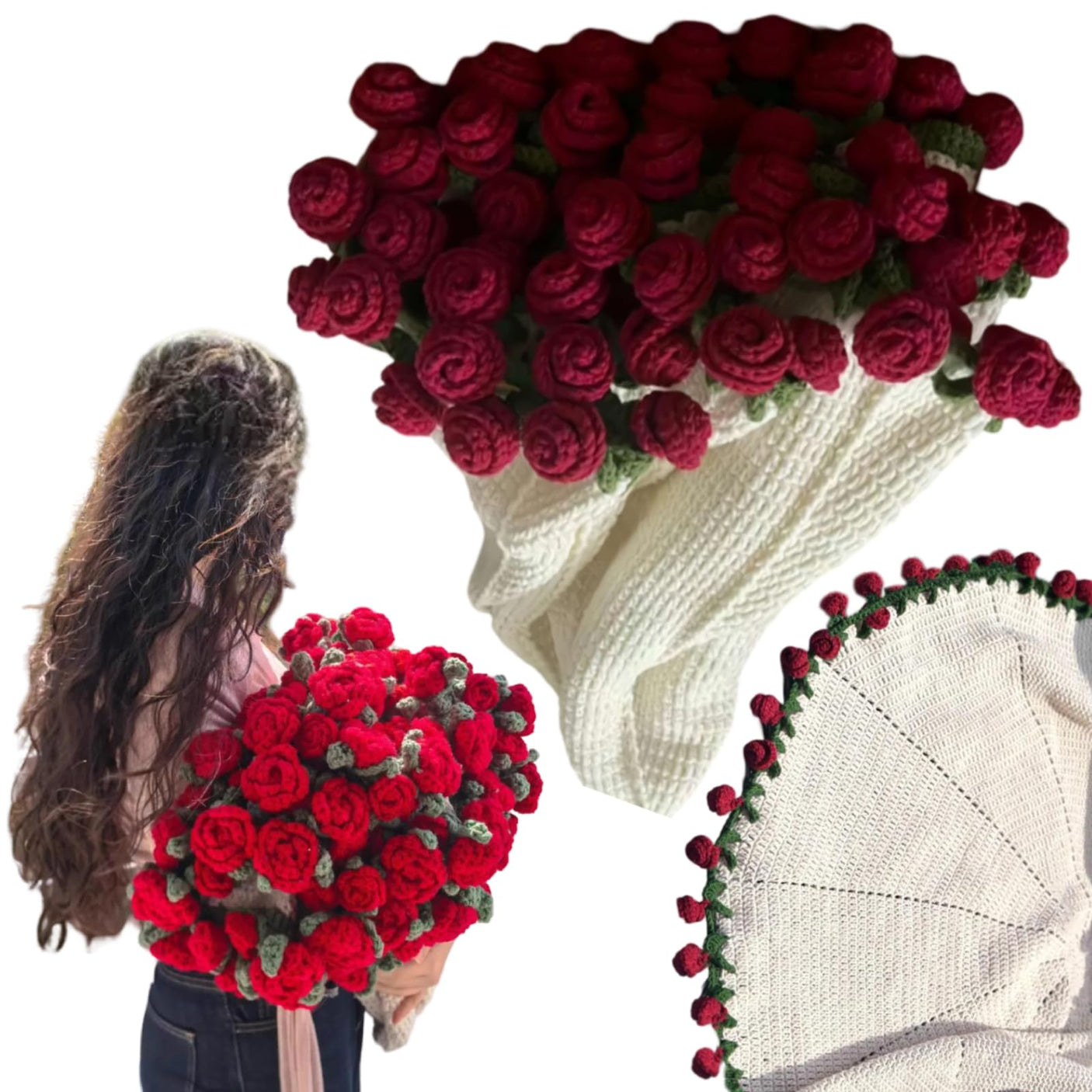 Crochet Flower Rose Bouquet Blanket Handmade – Surprise Bouquet Blanket, Romantic Knitted Rose Floral Bed Throw Blankets, Gift for Mother’s Day Birthday Home Decor (2.6ft Finished - Jasmine) - Build Your Ideas