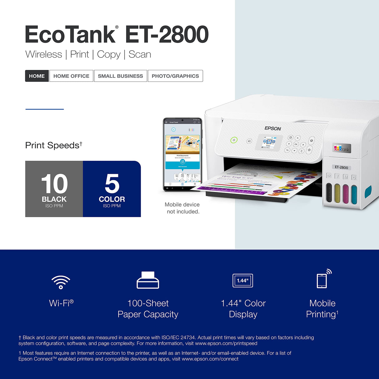 Epson EcoTank ET - 2800 Wireless Color All - in - One Cartridge - Free Supertank Printer with Scan and Copy â€“ The Ideal Basic Home Printer - Black, Medium - Build Your Ideas