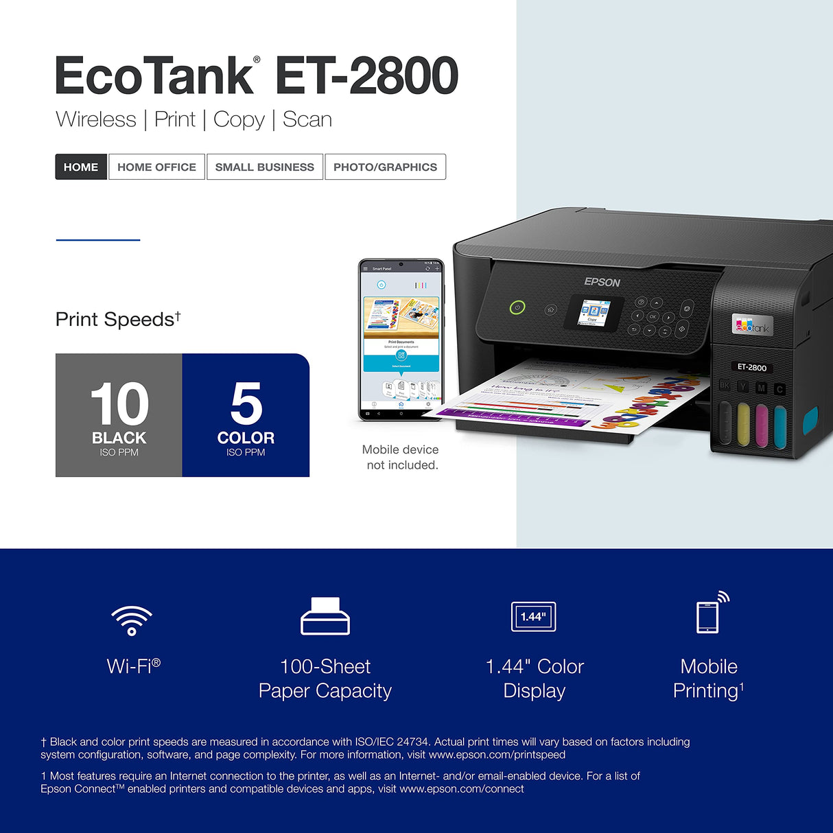 Epson EcoTank ET - 2800 Wireless Color All - in - One Cartridge - Free Supertank Printer with Scan and Copy â€“ The Ideal Basic Home Printer - Black, Medium - Build Your Ideas