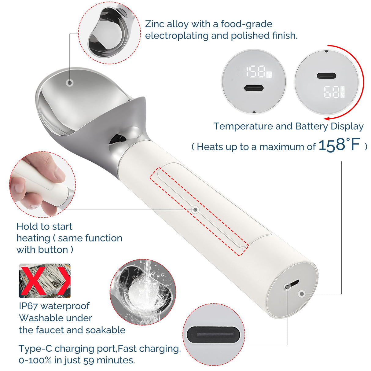 Heated Ice Cream Scoop Electric Ice Cream Scoops Best Rated, Rechargeable Icecream Scoop with LED Display, IP67 Waterproof, Professional Ice Cream Scoop for Hard Ice Cream, Best Icecream Scooper - Build Your Ideas