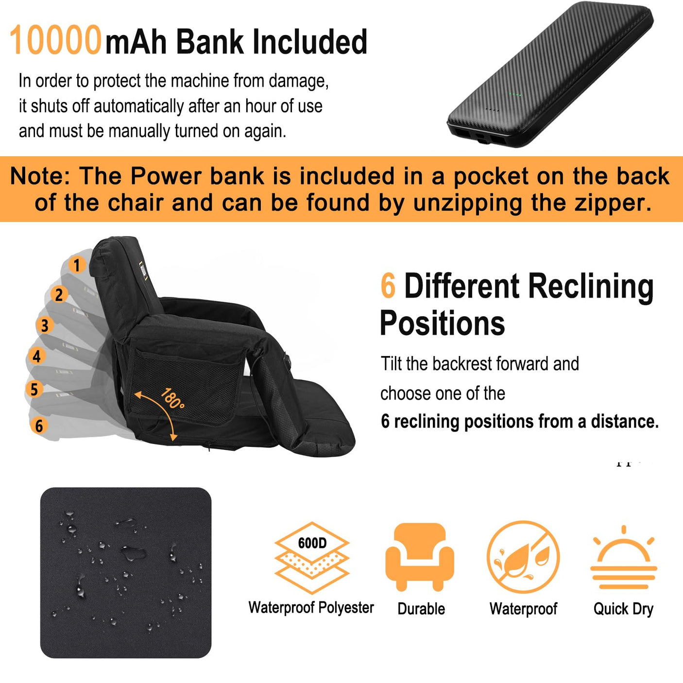 Heated Massage Stadium Seats Pack of 2, 25 Inche Folding Bleacher Chair with 10000mAh Portable Power*2, 3 Levels of Heat&Massage, 6 Reclining Positions for Camping, Sports - Build Your Ideas