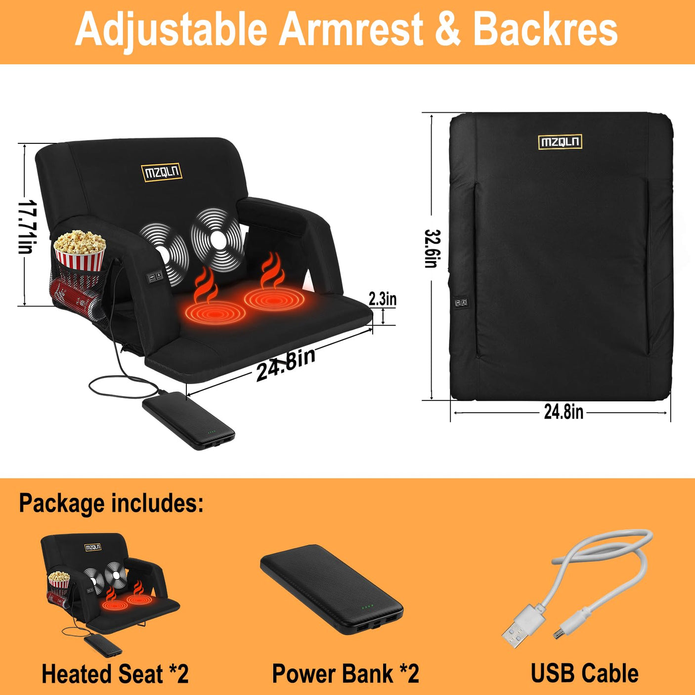 Heated Massage Stadium Seats Pack of 2, 25 Inche Folding Bleacher Chair with 10000mAh Portable Power*2, 3 Levels of Heat&Massage, 6 Reclining Positions for Camping, Sports - Build Your Ideas