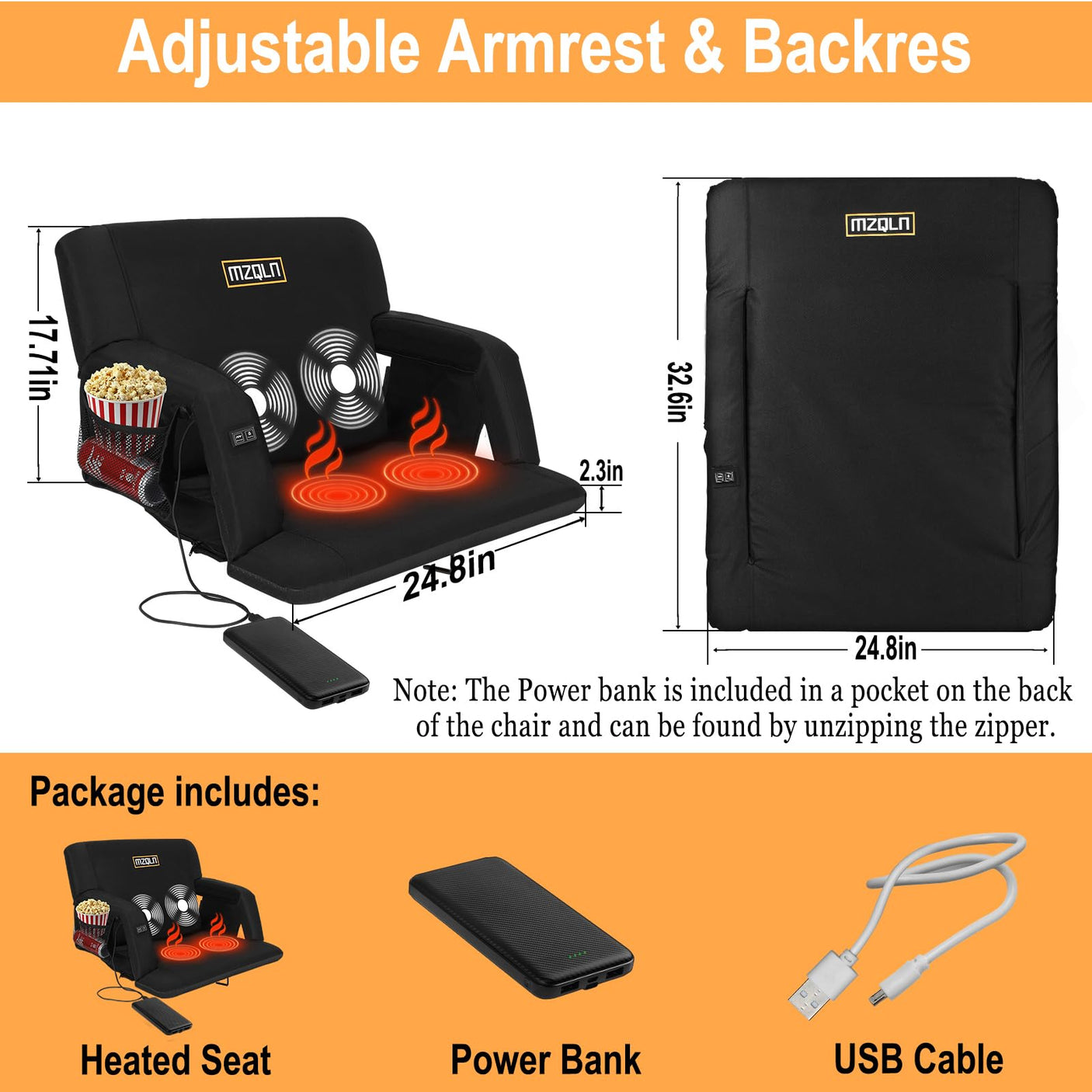 Heated Massage Stadium Seats Pack of 2, 25 Inche Folding Bleacher Chair with 10000mAh Portable Power*2, 3 Levels of Heat&Massage, 6 Reclining Positions for Camping, Sports - Build Your Ideas