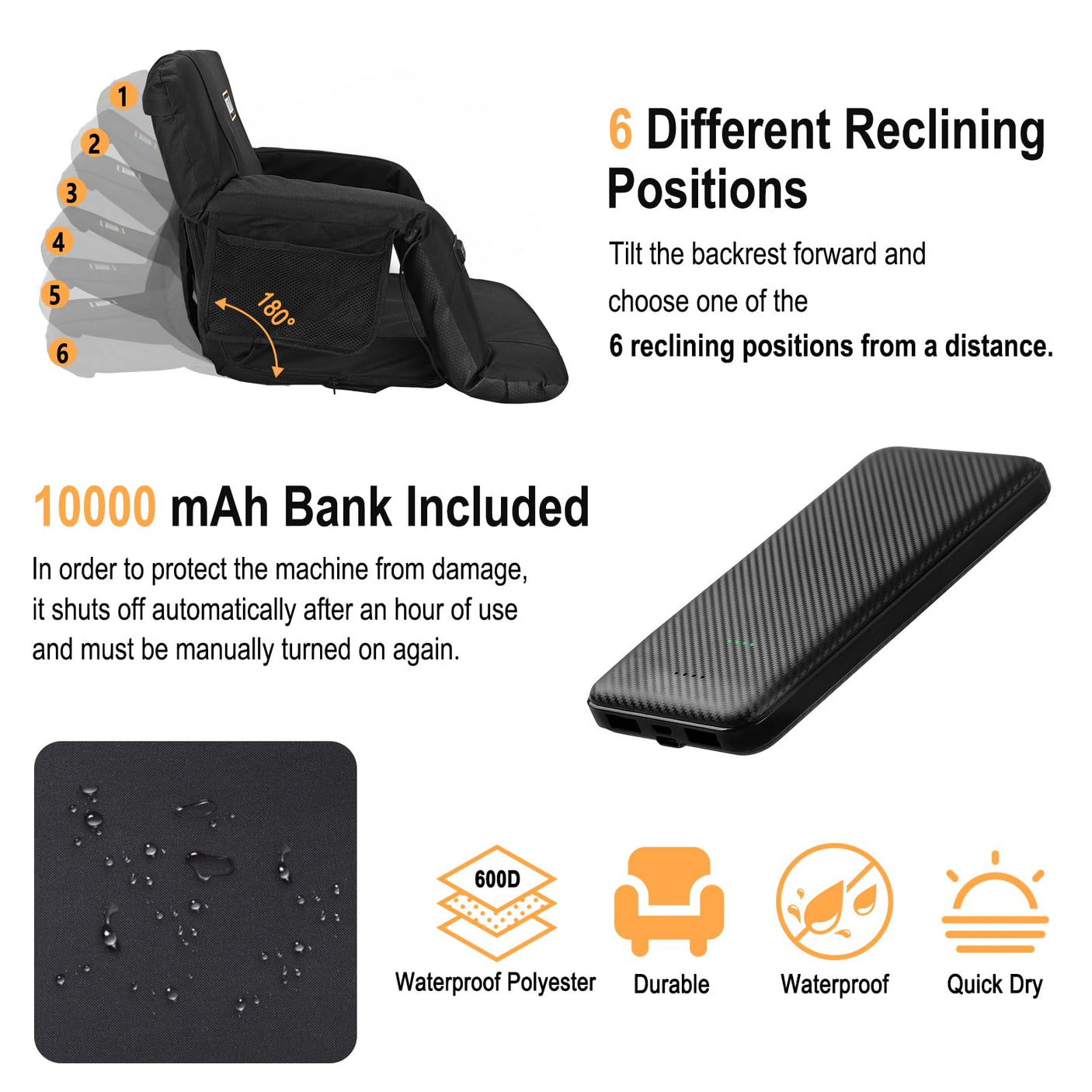 Heated Massage Stadium Seats Pack of 2, 25 Inche Folding Bleacher Chair with 10000mAh Portable Power*2, 3 Levels of Heat&Massage, 6 Reclining Positions for Camping, Sports - Build Your Ideas