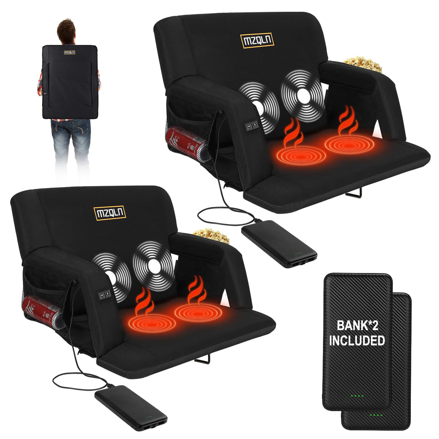 Heated Massage Stadium Seats Pack of 2, 25 Inche Folding Bleacher Chair with 10000mAh Portable Power*2, 3 Levels of Heat&Massage, 6 Reclining Positions for Camping, Sports - Build Your Ideas