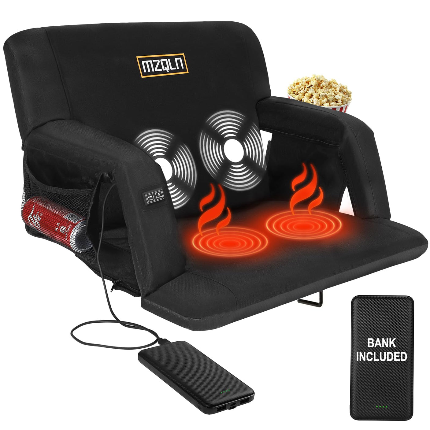 Heated Massage Stadium Seats Pack of 2, 25 Inche Folding Bleacher Chair with 10000mAh Portable Power*2, 3 Levels of Heat&Massage, 6 Reclining Positions for Camping, Sports - Build Your Ideas