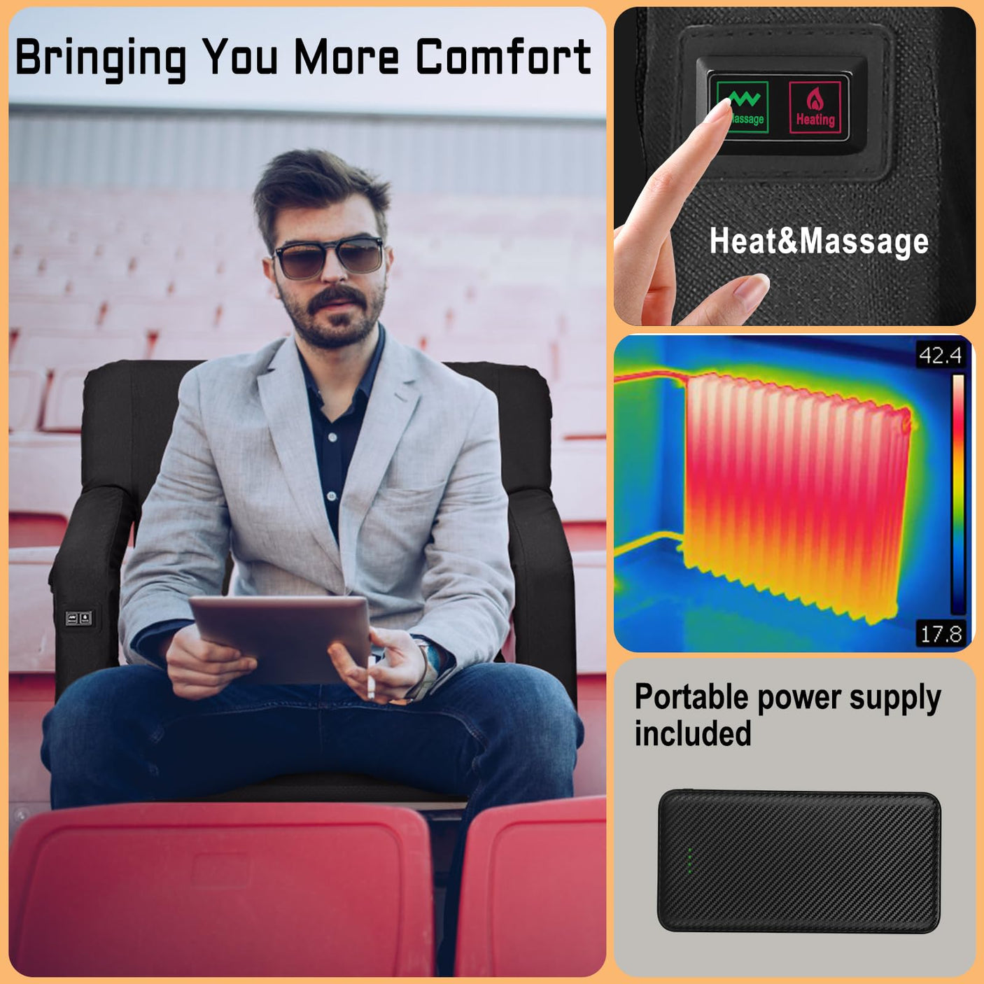 Heated Massage Stadium Seats Pack of 2, 25 Inche Folding Bleacher Chair with 10000mAh Portable Power*2, 3 Levels of Heat&Massage, 6 Reclining Positions for Camping, Sports - Build Your Ideas