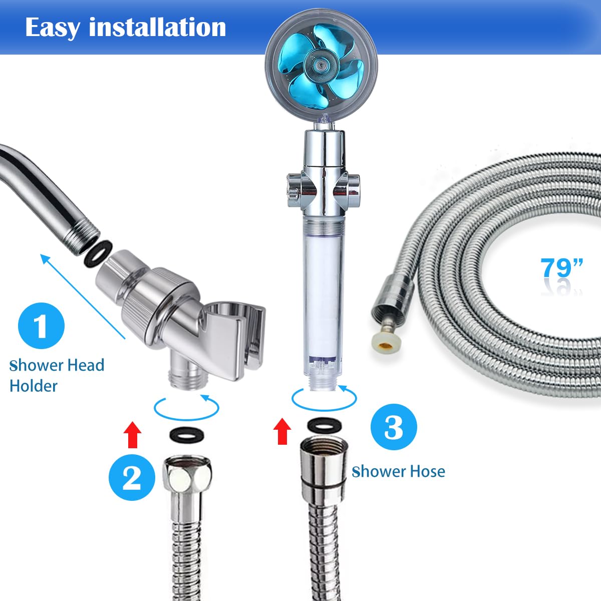 High Pressure Shower Heads, Handheld Turbo Fan Shower, Hydro Jet Shower Head with 79 Inch Hose,Bracket,Cotton Filters and Bath Loofah, One Key Pause Switch 360 Degrees Rotating (Blue with hose) - Build Your Ideas