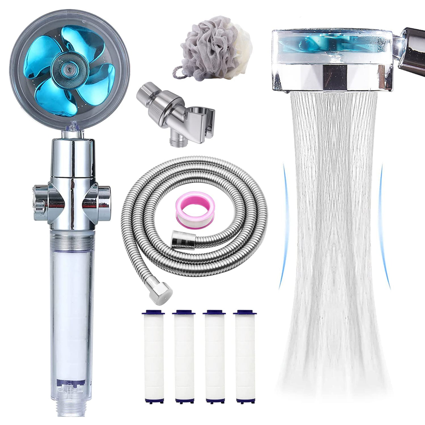 High Pressure Shower Heads, Handheld Turbo Fan Shower, Hydro Jet Shower Head with 79 Inch Hose,Bracket,Cotton Filters and Bath Loofah, One Key Pause Switch 360 Degrees Rotating (Blue with hose) - Build Your Ideas