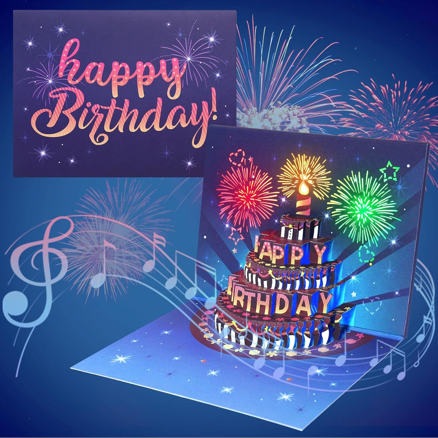 INPHER Birthday Cards Fireworks Pop Up Cake Light and Music Happy Birthday Gifts Decorations for Women, Men, Mom, Grandma - Build Your Ideas